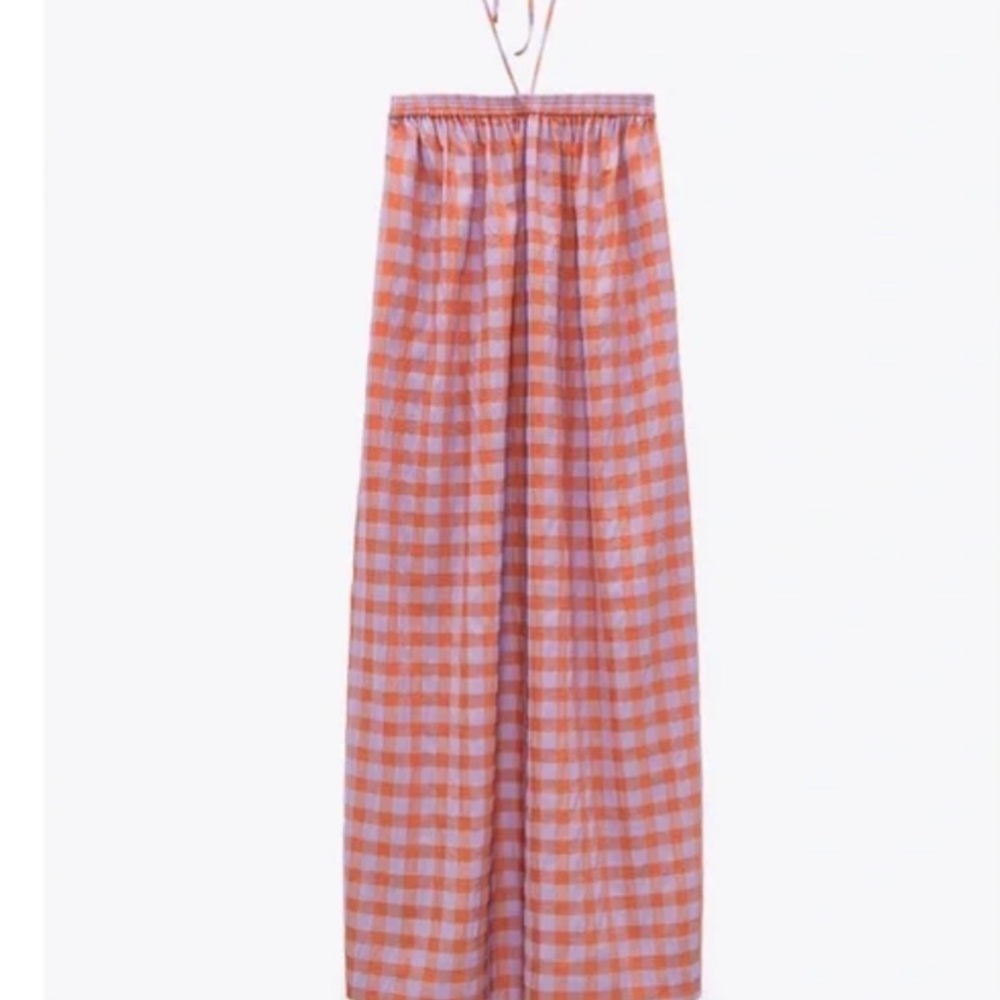 Zara Orange and White Gingham Midi Dress